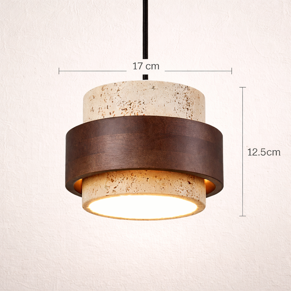 Suspension LED pierre et bois noyer style wabi-sabi design naturel