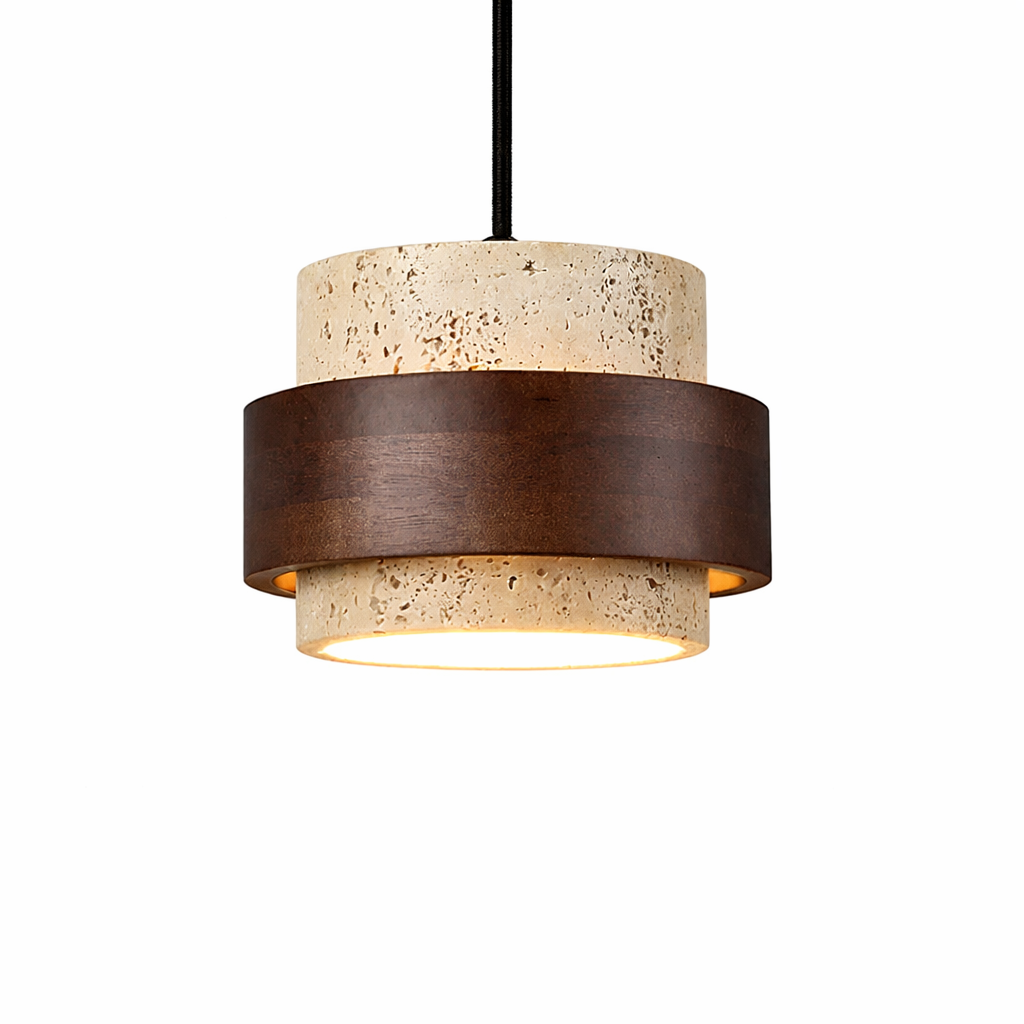 Suspension LED pierre et bois noyer style wabi-sabi design naturel