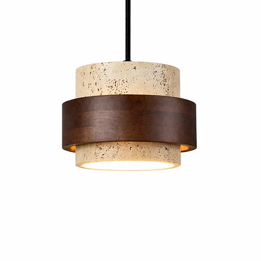 Suspension LED pierre et bois noyer style wabi-sabi design naturel