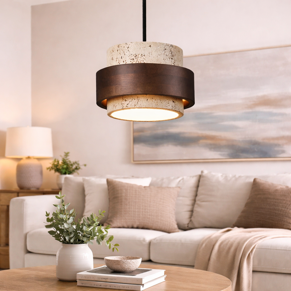 Suspension LED pierre et bois noyer style wabi-sabi design naturel