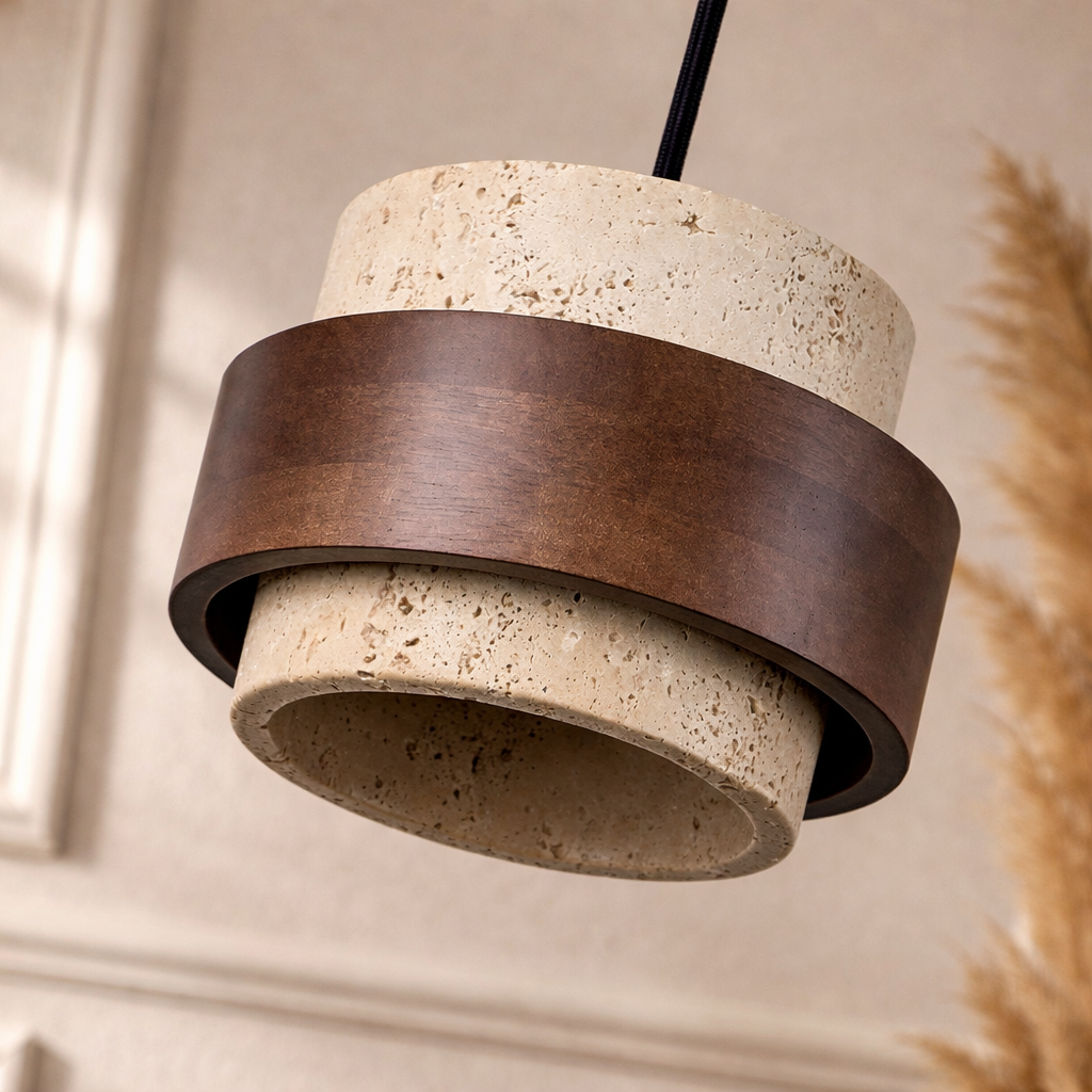 Suspension LED pierre et bois noyer style wabi-sabi design naturel