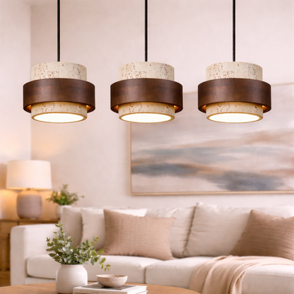 Suspension LED pierre et bois noyer style wabi-sabi design naturel