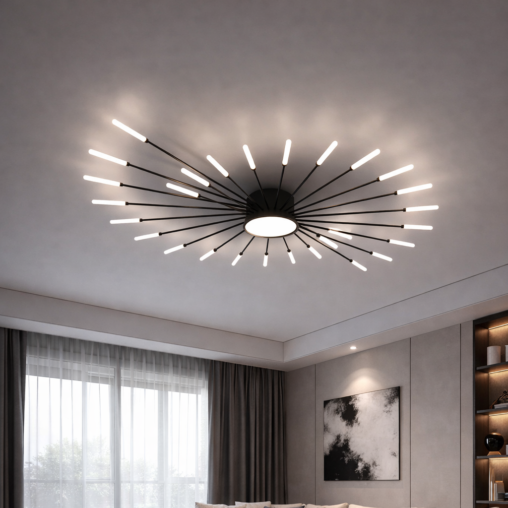 Plafonnier LED noir et or design soleil moderne éclairage intérieur