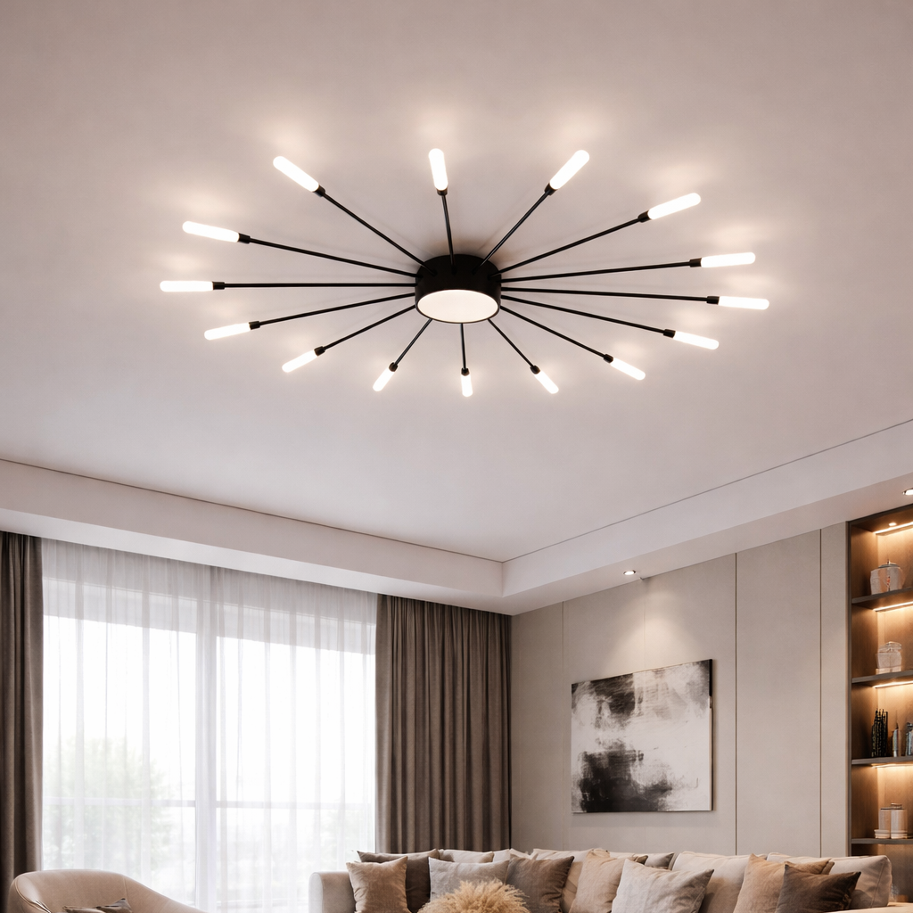 Plafonnier LED noir et or design soleil moderne éclairage intérieur